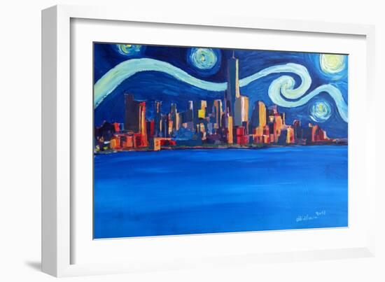 Starry Night in New York City Manhattan Skyline-Markus Bleichner-Framed Art Print