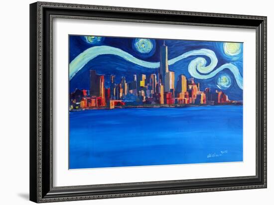 Starry Night in New York City Manhattan Skyline-Markus Bleichner-Framed Art Print