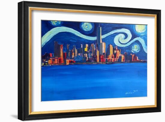 Starry Night in New York City Manhattan Skyline-Markus Bleichner-Framed Art Print