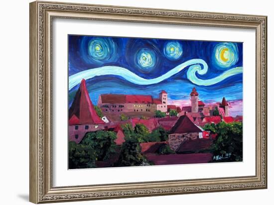 Starry Night in Nuremberg Germany with Castle and-Martina Bleichner-Framed Art Print