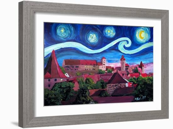 Starry Night in Nuremberg Germany with Castle and-Martina Bleichner-Framed Art Print