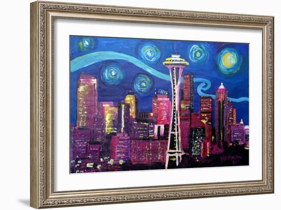 Starry Night in Seattle Space Needle with Van Go-Martina Bleichner-Framed Art Print