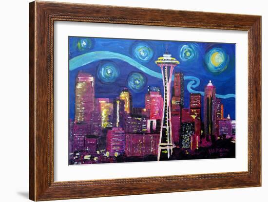 Starry Night in Seattle Space Needle with Van Go-Martina Bleichner-Framed Art Print