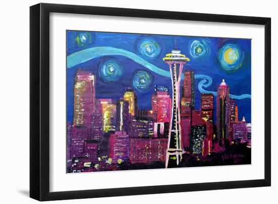 Starry Night in Seattle Space Needle with Van Go-Martina Bleichner-Framed Art Print