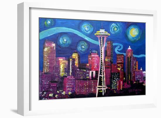 Starry Night in Seattle Space Needle with Van Go-Martina Bleichner-Framed Art Print