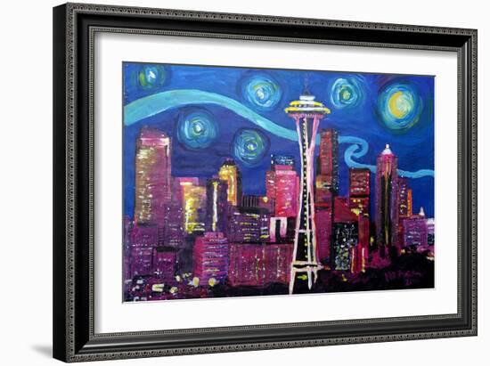 Starry Night in Seattle Space Needle with Van Go-Martina Bleichner-Framed Art Print