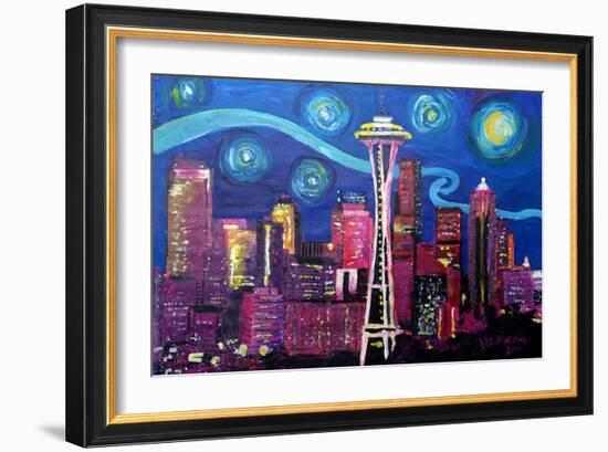 Starry Night in Seattle Space Needle with Van Go-Martina Bleichner-Framed Art Print