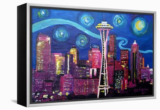 Starry Night in Seattle Space Needle with Van Go-Martina Bleichner-Framed Stretched Canvas