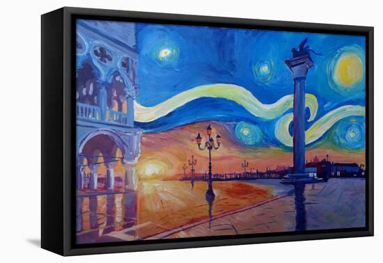 Starry Night in Venice Italy San Marco with Lion-Markus Bleichner-Framed Stretched Canvas