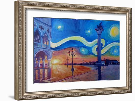 Starry Night in Venice Italy San Marco with Lion-Markus Bleichner-Framed Art Print