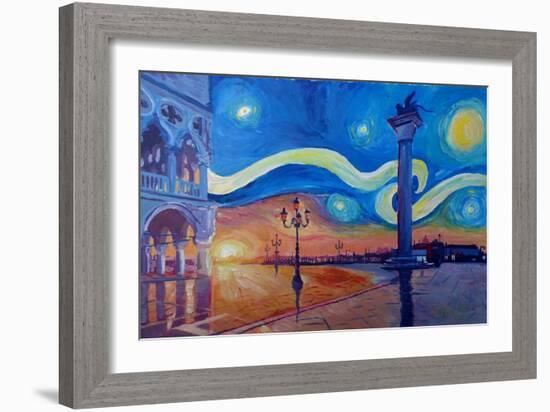 Starry Night in Venice Italy San Marco with Lion-Markus Bleichner-Framed Art Print