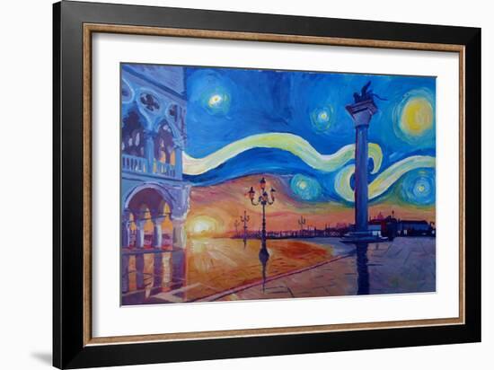 Starry Night in Venice Italy San Marco with Lion-Markus Bleichner-Framed Art Print