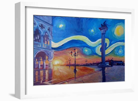 Starry Night in Venice Italy San Marco with Lion-Markus Bleichner-Framed Art Print