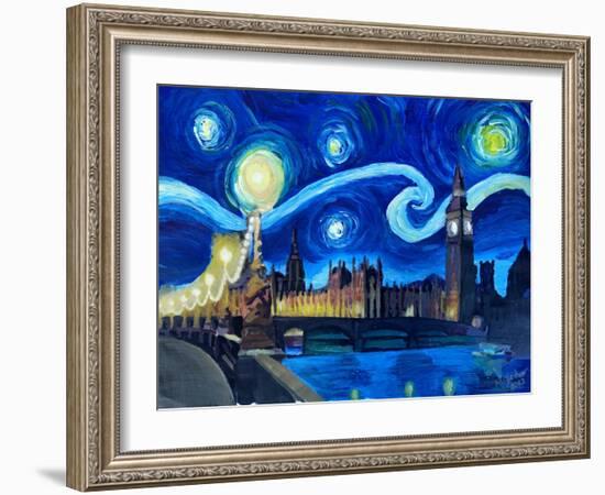 Starry Night London Parliament Van Gogh Inspired-Martina Bleichner-Framed Art Print