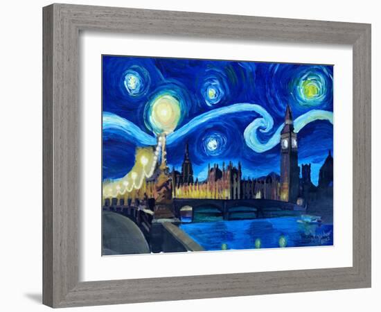 Starry Night London Parliament Van Gogh Inspired-Martina Bleichner-Framed Art Print