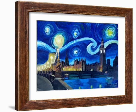 Starry Night London Parliament Van Gogh Inspired-Martina Bleichner-Framed Art Print