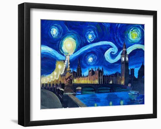 Starry Night London Parliament Van Gogh Inspired-Martina Bleichner-Framed Art Print