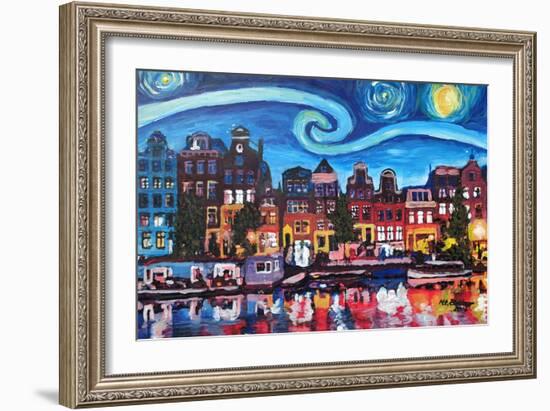 Starry Night over Amsterdam Canal with Van Gogh-Martina Bleichner-Framed Art Print