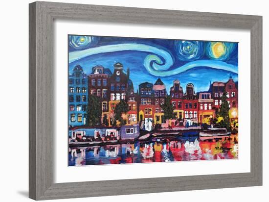 Starry Night over Amsterdam Canal with Van Gogh-Martina Bleichner-Framed Art Print