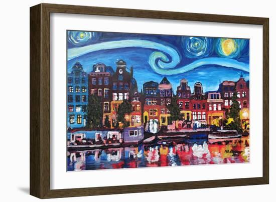 Starry Night over Amsterdam Canal with Van Gogh-Martina Bleichner-Framed Art Print