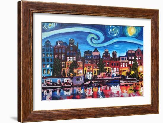 Starry Night over Amsterdam Canal with Van Gogh-Martina Bleichner-Framed Art Print