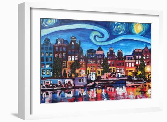 Starry Night over Amsterdam Canal with Van Gogh-Martina Bleichner-Framed Art Print