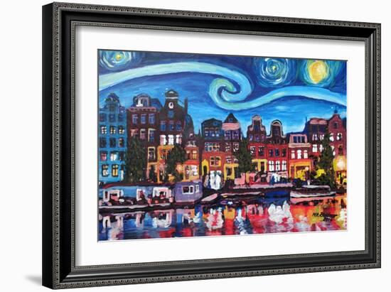 Starry Night over Amsterdam Canal with Van Gogh-Martina Bleichner-Framed Art Print