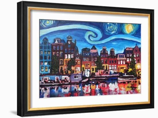 Starry Night over Amsterdam Canal with Van Gogh-Martina Bleichner-Framed Art Print