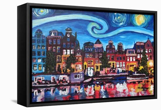 Starry Night over Amsterdam Canal with Van Gogh-Martina Bleichner-Framed Stretched Canvas