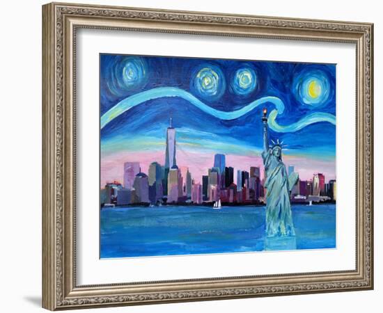 Starry Night over Manhattan with Statue of Liberty-Markus Bleichner-Framed Art Print