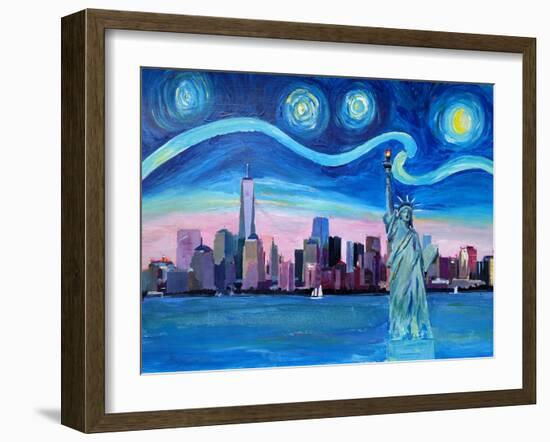 Starry Night over Manhattan with Statue of Liberty-Markus Bleichner-Framed Art Print