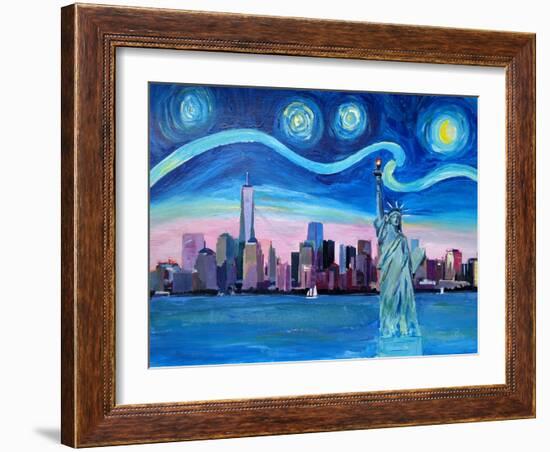 Starry Night over Manhattan with Statue of Liberty-Markus Bleichner-Framed Art Print