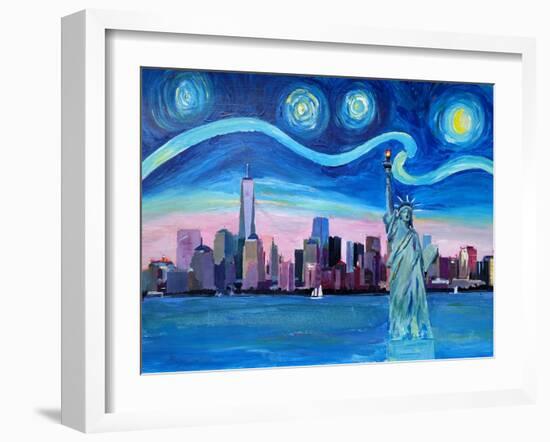 Starry Night over Manhattan with Statue of Liberty-Markus Bleichner-Framed Art Print