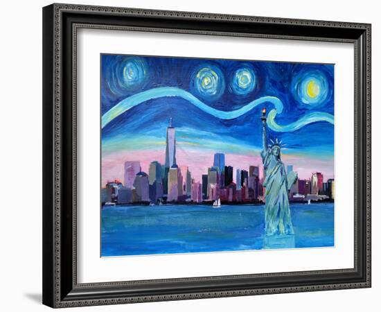 Starry Night over Manhattan with Statue of Liberty-Markus Bleichner-Framed Art Print