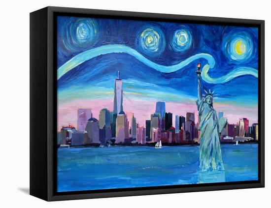 Starry Night over Manhattan with Statue of Liberty-Markus Bleichner-Framed Stretched Canvas