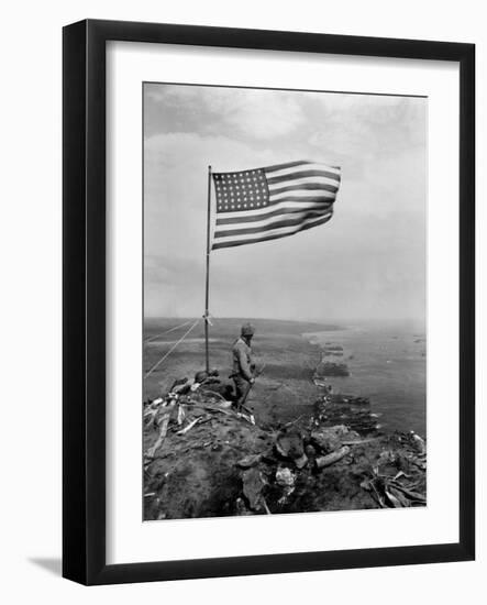 Stars and Stripes Wave over the Summit of Mt. Suribachi on Iwo Jima-null-Framed Photo