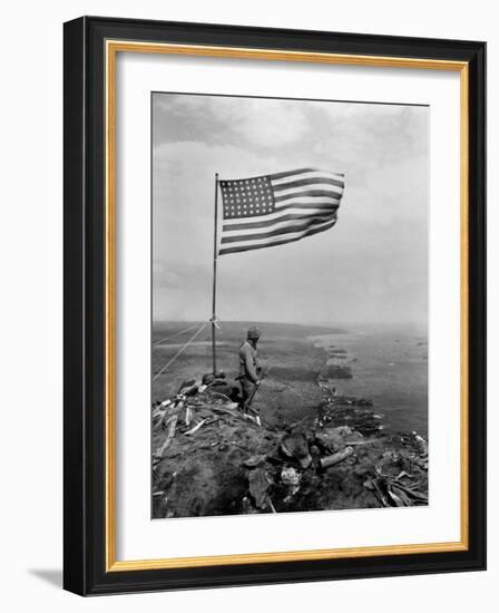 Stars and Stripes Wave over the Summit of Mt. Suribachi on Iwo Jima-null-Framed Photo