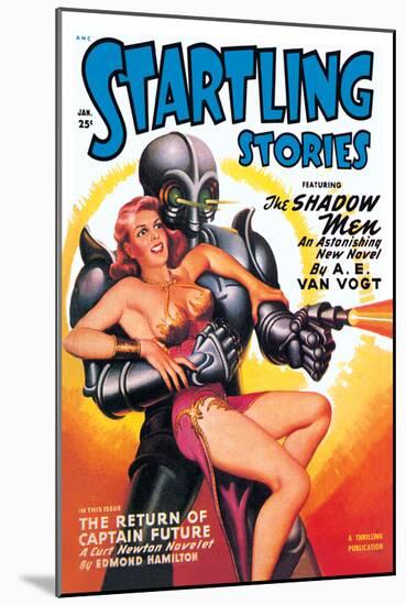 Startling Stories: Robot Seizes Woman-null-Mounted Art Print