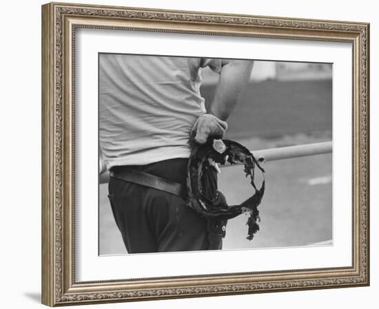 State Trooper Holding Burnt Cap of a Guard Taken Hostage During Riot at Attica State Prison-John Shearer-Framed Photographic Print