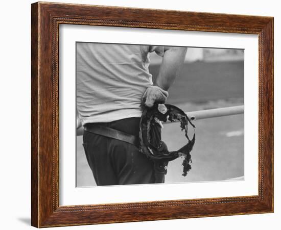 State Trooper Holding Burnt Cap of a Guard Taken Hostage During Riot at Attica State Prison-John Shearer-Framed Photographic Print