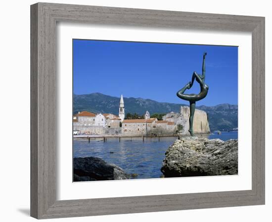 Statue and View of Old Town, Budva, the Budva Riviera, Montenegro, Europe-Stuart Black-Framed Photographic Print