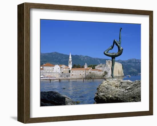 Statue and View of Old Town, Budva, the Budva Riviera, Montenegro, Europe-Stuart Black-Framed Photographic Print