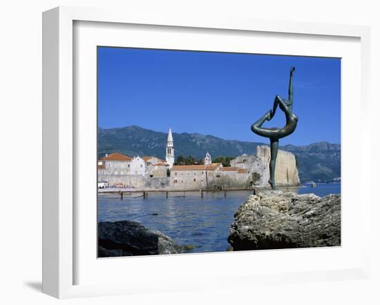 Statue and View of Old Town, Budva, the Budva Riviera, Montenegro, Europe-Stuart Black-Framed Photographic Print