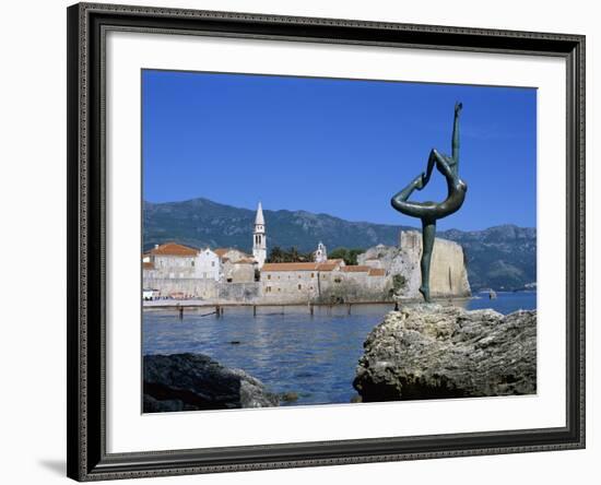 Statue and View of Old Town, Budva, the Budva Riviera, Montenegro, Europe-Stuart Black-Framed Photographic Print