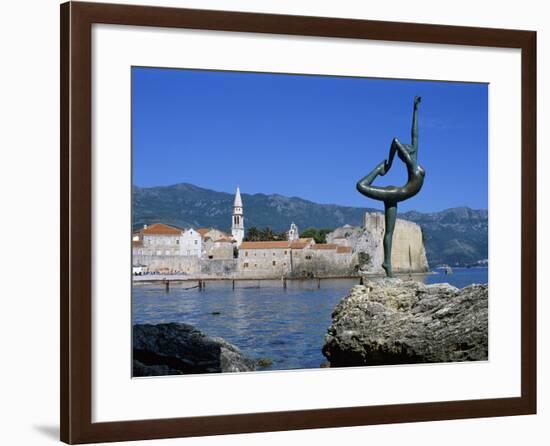Statue and View of Old Town, Budva, the Budva Riviera, Montenegro, Europe-Stuart Black-Framed Photographic Print