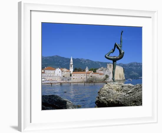 Statue and View of Old Town, Budva, the Budva Riviera, Montenegro, Europe-Stuart Black-Framed Photographic Print