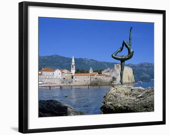 Statue and View of Old Town, Budva, the Budva Riviera, Montenegro, Europe-Stuart Black-Framed Photographic Print