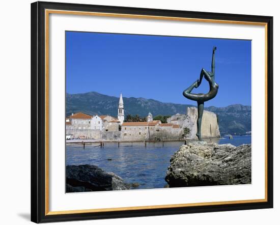 Statue and View of Old Town, Budva, the Budva Riviera, Montenegro, Europe-Stuart Black-Framed Photographic Print