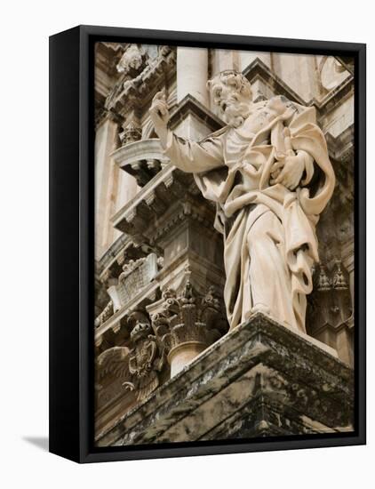 Statue at Duomo Cathedral, Ortygia Island, Syracuse, Sicily, Italy-Walter Bibikow-Framed Premier Image Canvas