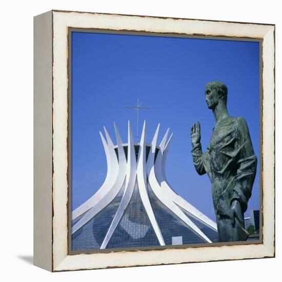 Statue before the Catedral Metropolitana, Brasilia, UNESCO World Heritage Site, Brazil-Geoff Renner-Framed Premier Image Canvas